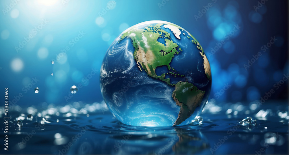 earth in water with bright blue bokeh background, World Water Day banner concept - obrazy, fototapety, plakaty 