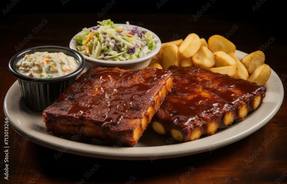 A mouthwatering plate of ribs, fries, and coleslaw, perfect for a satisfying meal. Generative AI. A mouthwatering plate of ribs, fries, and coleslaw, perfect for a satisfying meal. Generative AI.