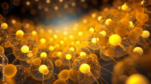 Beautiful luxury creative 3D modern abstract dark background consisting of yellow balls and spheres with light digital effect, copy space.