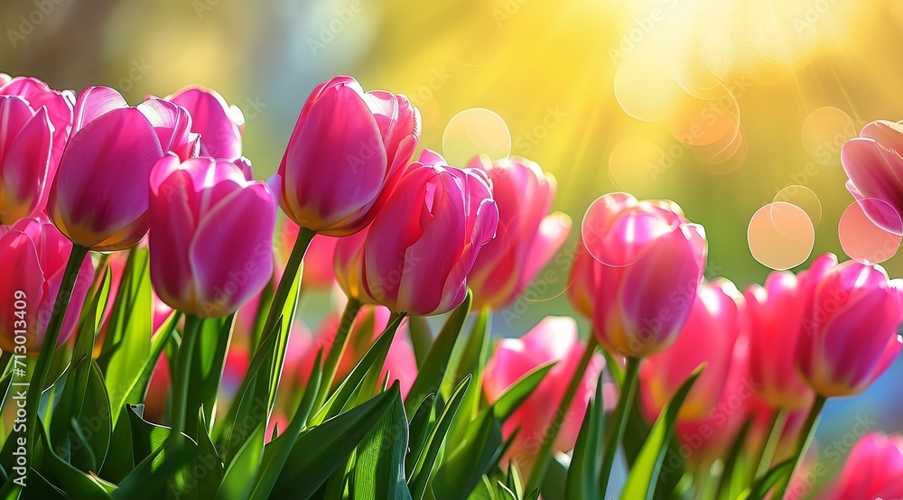 Fototapeta premium Beautiful panoramic spring nature background with tulip flowers