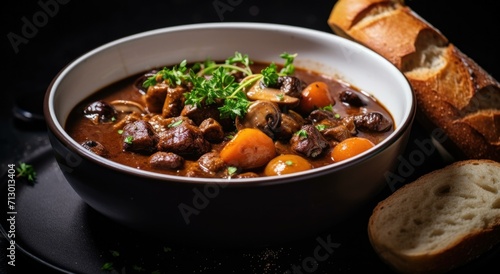 A savory beef stew with mushrooms and vegetables, served in a rustic bowl on a dark background. Generative AI.