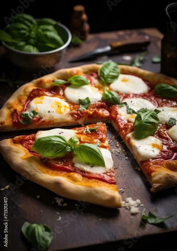 A rustic pizza with fresh mozzarella, , and a drizzle of olive oil on a crispy crust, ready to be devoured. Generative AI.