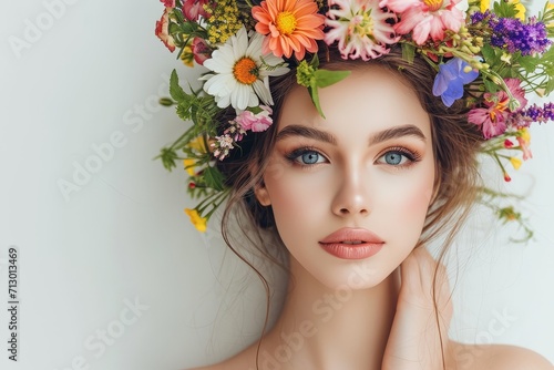 Beauty woman portrait with wreath from flowers on head over white background photo