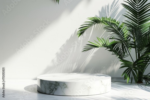 Luxury empty marble podium with tropical leaves and plant shadow on white wall for product placement display.