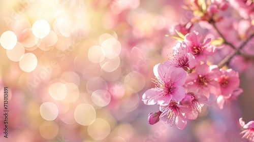 Panoramic spring background with beautiful pink cherry blossoms, bokeh background © Lubos Chlubny