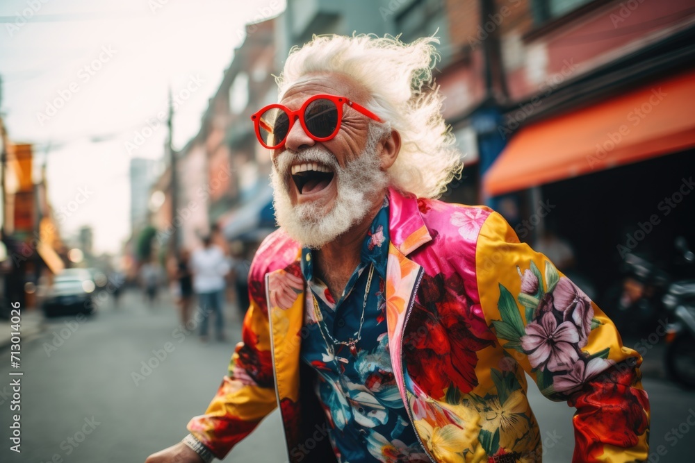 Portrait of a cheerful happy elderly man with glasses on a street background