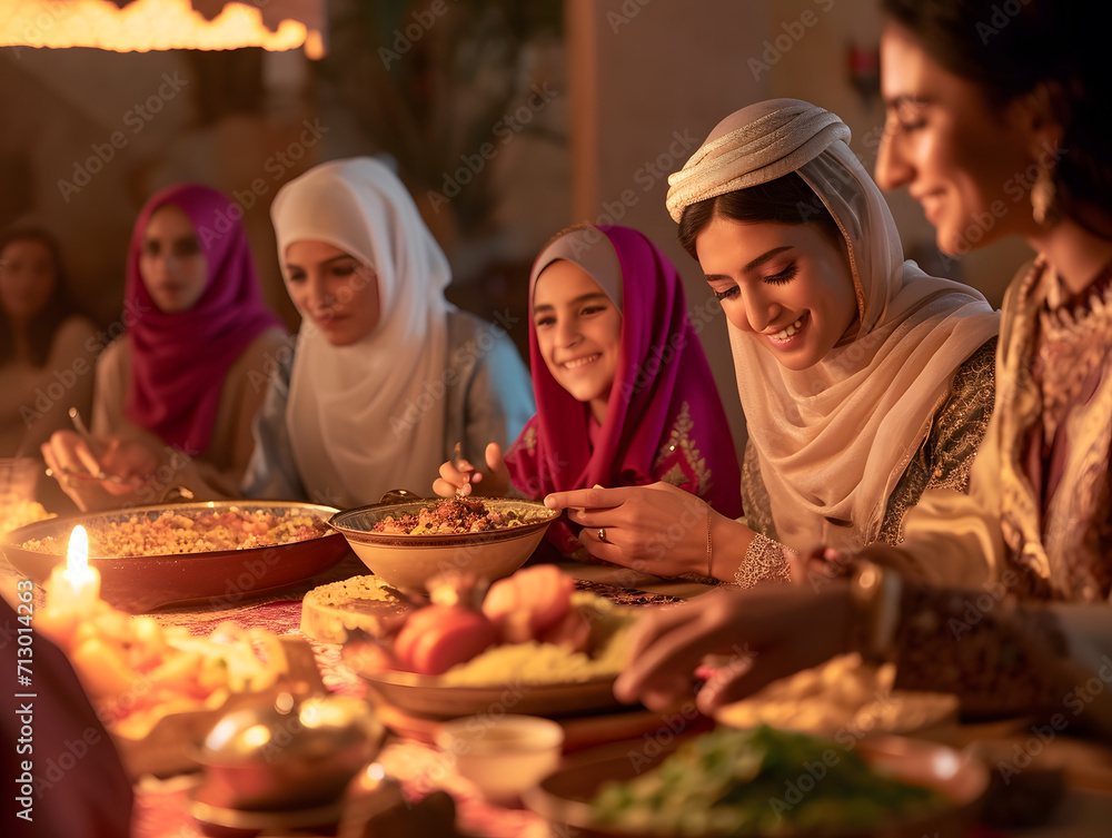 Vibrant Film of Evening Family Gathering with Arabic Cuisine during Ramadan