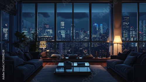 Realistic living room at night with a cityscape view photo