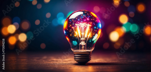 standing shiny light bulb. Bursting with ideas concept. colorful sparkling bokeh background