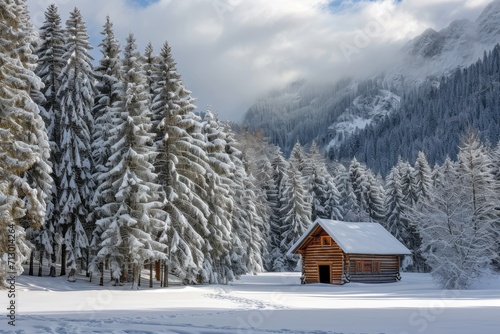 Winter scene with a solitary wooden cottage and snowy pine trees in the mountains.