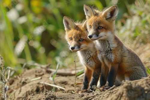 Red fox, cubs looking around near den © Lubos Chlubny