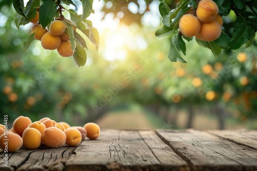 Wooden table top with apricots on blur background with apricot orchard