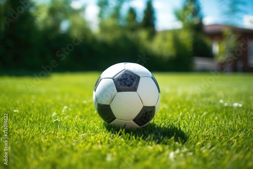 A soccer ball is placed on the green lawn in anticipation of the teams practicing © Александр Лобач