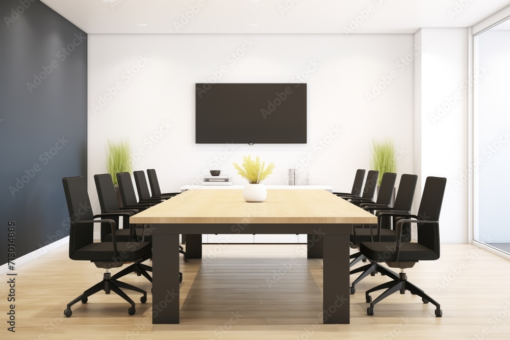 minimalist conference room with a black table and ergonomic chairs