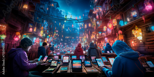 dystopian world with heavy pollution from factories. People are portrayed as obese and addicted to their phones. Bright colorful screens with advertising everywhere.