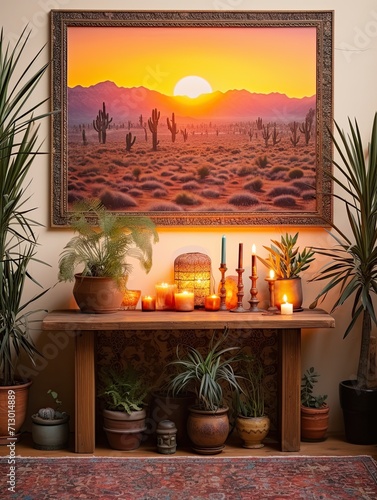 Boho Desert Sunset Imagery: Vintage Art Print, Evening Oasis Wall Art