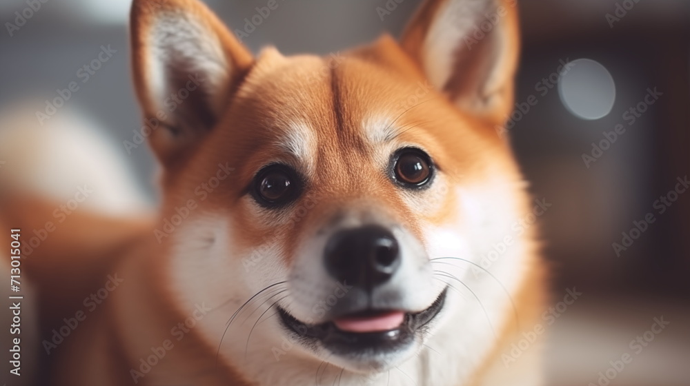 Portrait of cute shiba inu dog on blurred background. AI Generative.