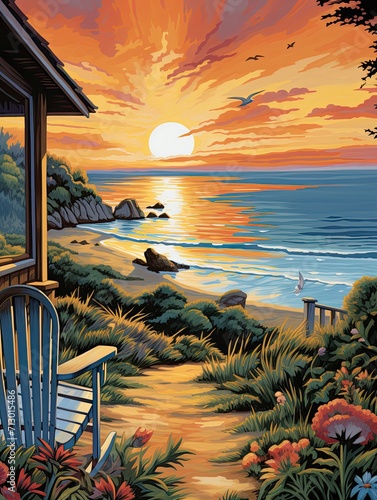 Brush-Stroke Seaview Sunsets: Vintage Art Print of Cottage Tales by the Coast