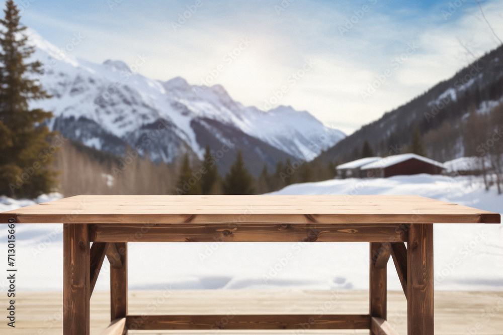 Wooden table snowy trees winter nature bokeh background, empty wood desk product display mockup snow landscape blurry abstract backdrop ads showcase Christmas time presentation. Mock up, copy space.