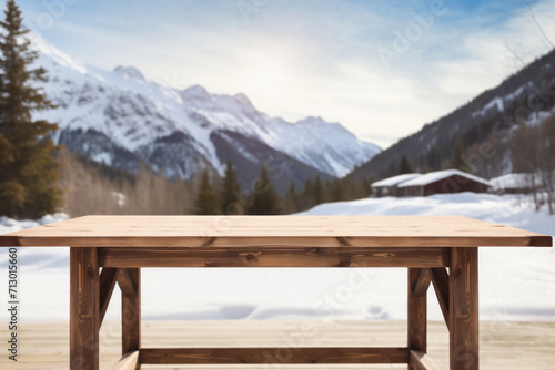 Wooden table snowy trees winter nature bokeh background, empty wood desk product display mockup snow landscape blurry abstract backdrop ads showcase Christmas time presentation. Mock up, copy space.