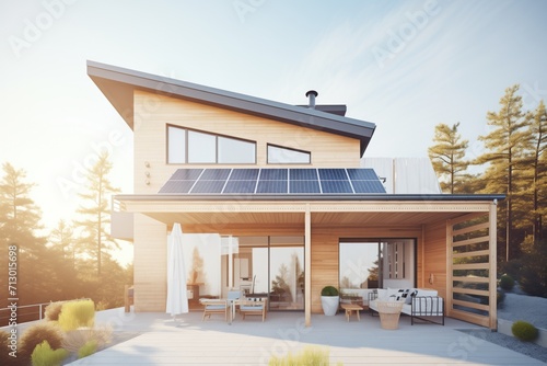 sustainable house with solar panels on roof