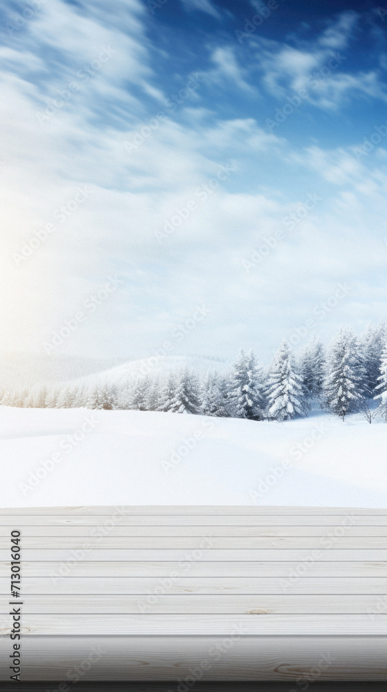 Fototapeta premium Wooden table snowy trees winter nature bokeh background, empty wood desk product display mockup snow landscape blurry abstract backdrop ads showcase Christmas time presentation. Mock up, copy space.