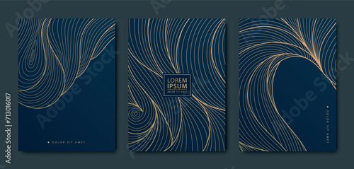 Vector set of gold pattern backgrounds, wave design curve templates, elegant linear graphic. Dark elegant package, premium cover