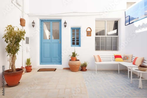 white walls and blue doors in a sunny courtyard
