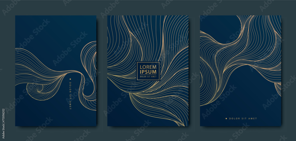 Vector set of gold pattern backgrounds, wave design curve templates, elegant linear graphic. Dark elegant package, premium cover - obrazy, fototapety, plakaty 
