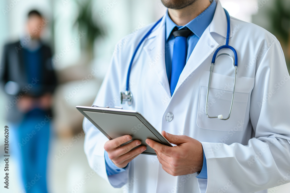 doctor looking at tablet computer in clinic