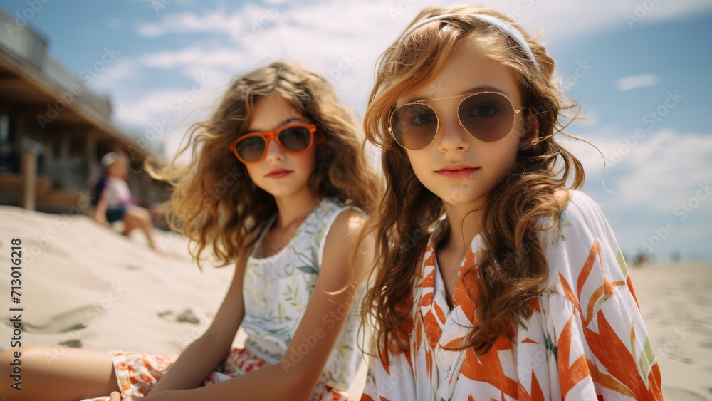 Summer Delight: Young Girls Enjoying Beach Time in Vibrant Summer Outfits