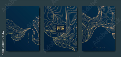 Vector set of gold pattern backgrounds, wave design curve templates, elegant linear graphic. Dark elegant package, premium cover photo