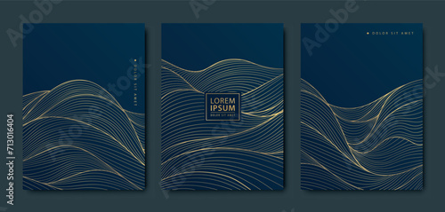Vector set of gold pattern backgrounds, wave design curve templates, elegant linear graphic. Dark elegant package, premium cover