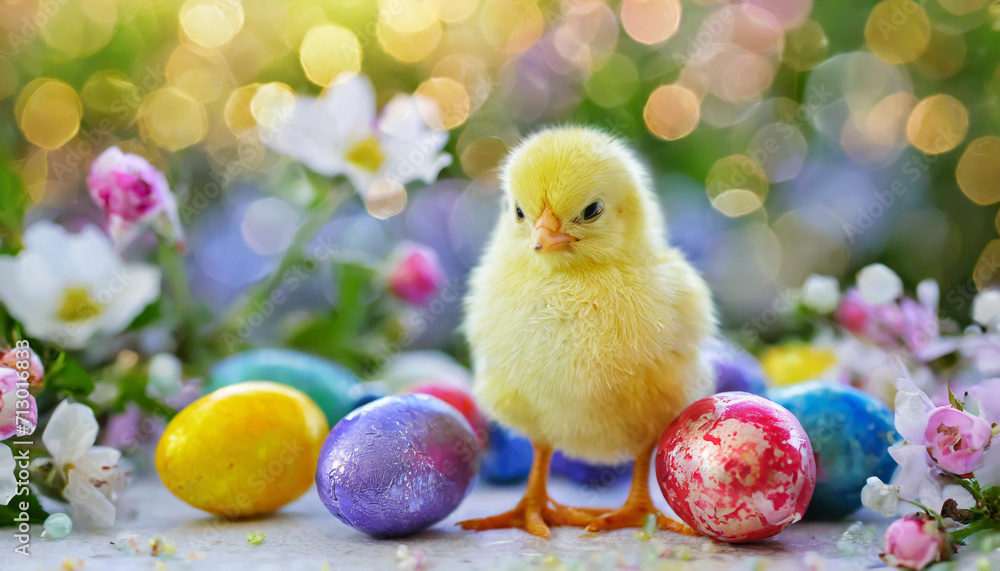 Cozy composition with cute and funny little yellow chicken and painted colorful Easter eggs against blurred flowers background. Beautiful spring greeting card.