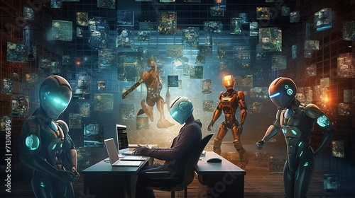 A mosaic composition featuring different robotic characters in various environments, showcasing the diversity of artificial intelligence