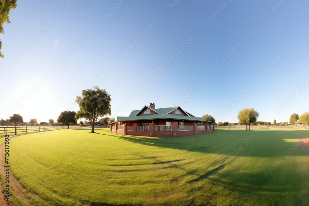 panoramic shot of ranch with brick and green lawn panoramic shot of ranch with brick and green lawn