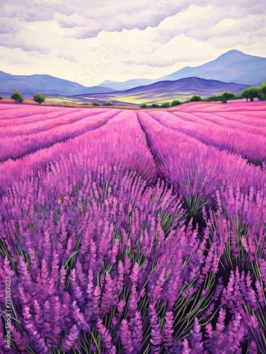 Classic Provence Lavender Art  Vintage Field Painting with Aesthetically Pleasing Lavender Fields