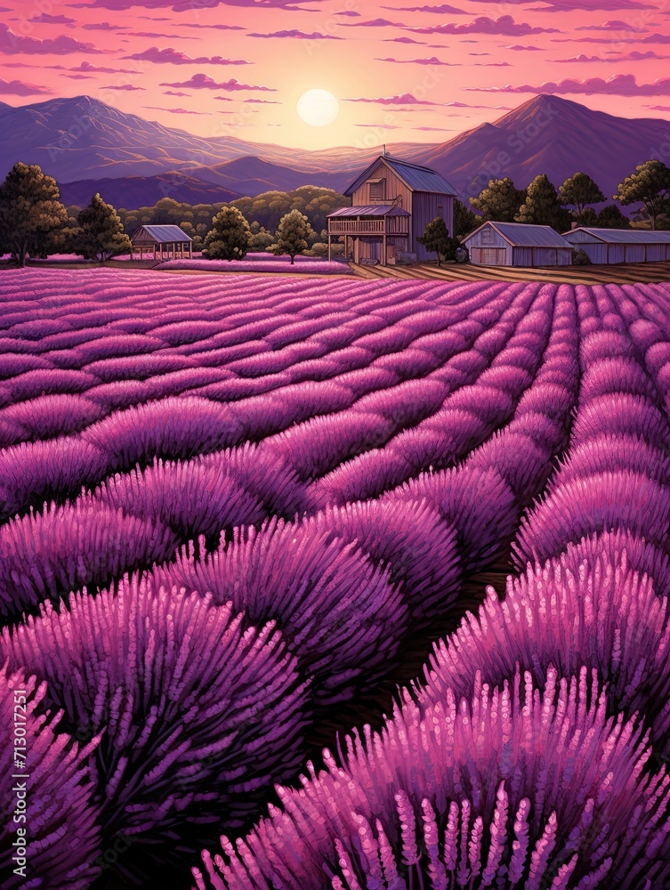 Obraz premium Majestic Purple Bloom: Vintage Provence Lavender Art in a Classic Landscape