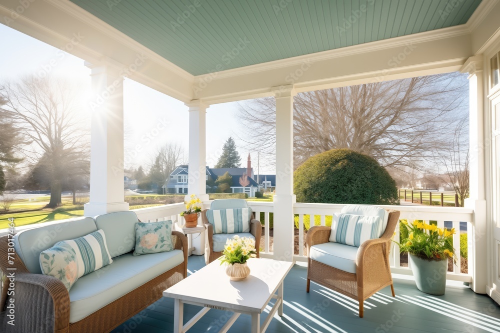 sunlit veranda of a shingle style home with a teak seating area - obrazy, fototapety, plakaty 