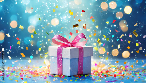 Gift box or present and flying confetti against blue bokeh background. Magic Christmas greeting card.