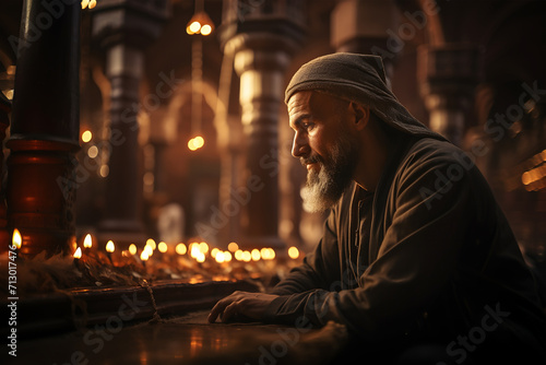 Religious muslim man praying in the mosque with candles, month of Ramadan Kareem. ai generated