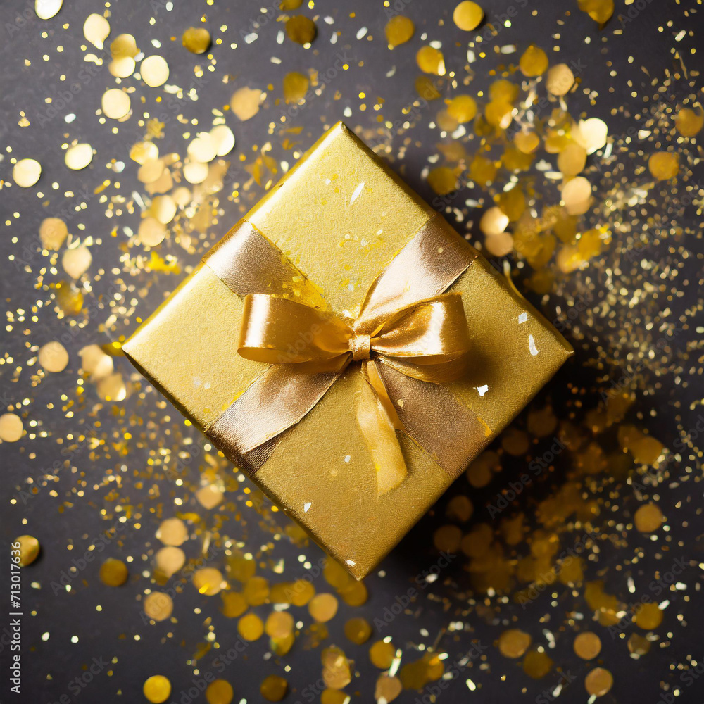 Golden gift or present boxes with golden bows and star confetti top view. Christmas background. Flat lay. Golden gift or present boxes with golden bows and star confetti top view. Christmas background. Flat lay.