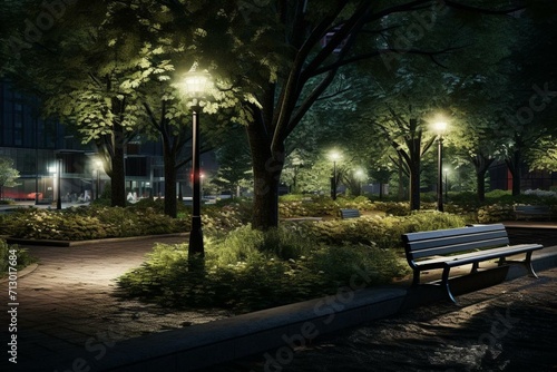 An urban park with illuminated trees, a bench, and green surroundings. Generative AI