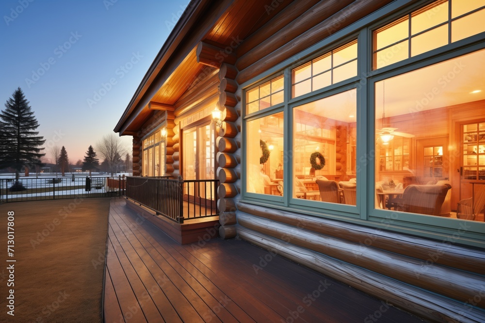 warmly lit log cabin windows at dusk warmly lit log cabin windows at dusk