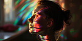 Woman with a thoughtful expression, her profile lit by the spectral colors of a prism, creating a contemplative atmosphere
