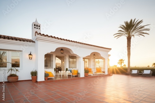 spanish villa bathed in golden hour light with white walls