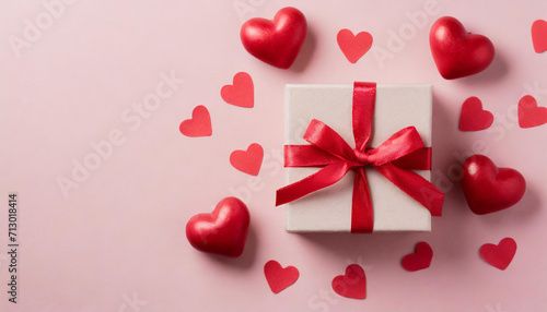 Valentine or mother day festive composition with gift or present box and red hearts on pastel pink background top view. Flat lay greeting card. © netsay