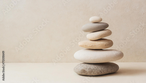 Spa, balance, meditation and zen minimal modern concept. Stack of stone pebbles against beige wall for design and presentation.