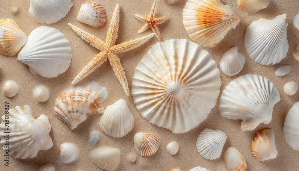 Top view of a sandy beach with collection of seashells and starfish as natural textured background for aesthetic summer design Top view of a sandy beach with collection of seashells and starfish as natural textured background for aesthetic summer design