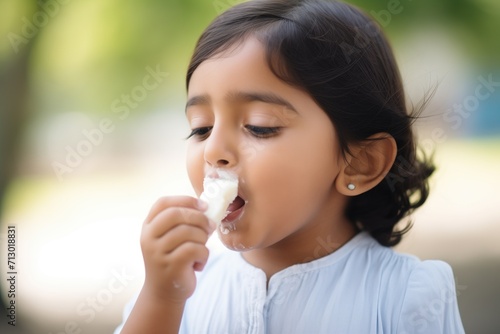 child licking traditional malai kulfi in a park photo